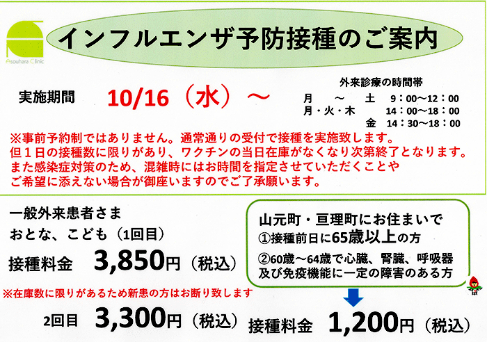 インフルエンザ予防接種のご案内